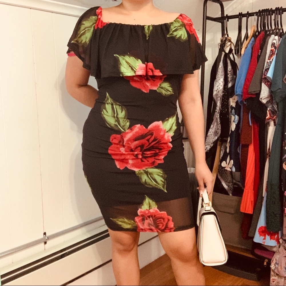 Off Shoulder Ruffle Floral Bodycon Fitted Dress